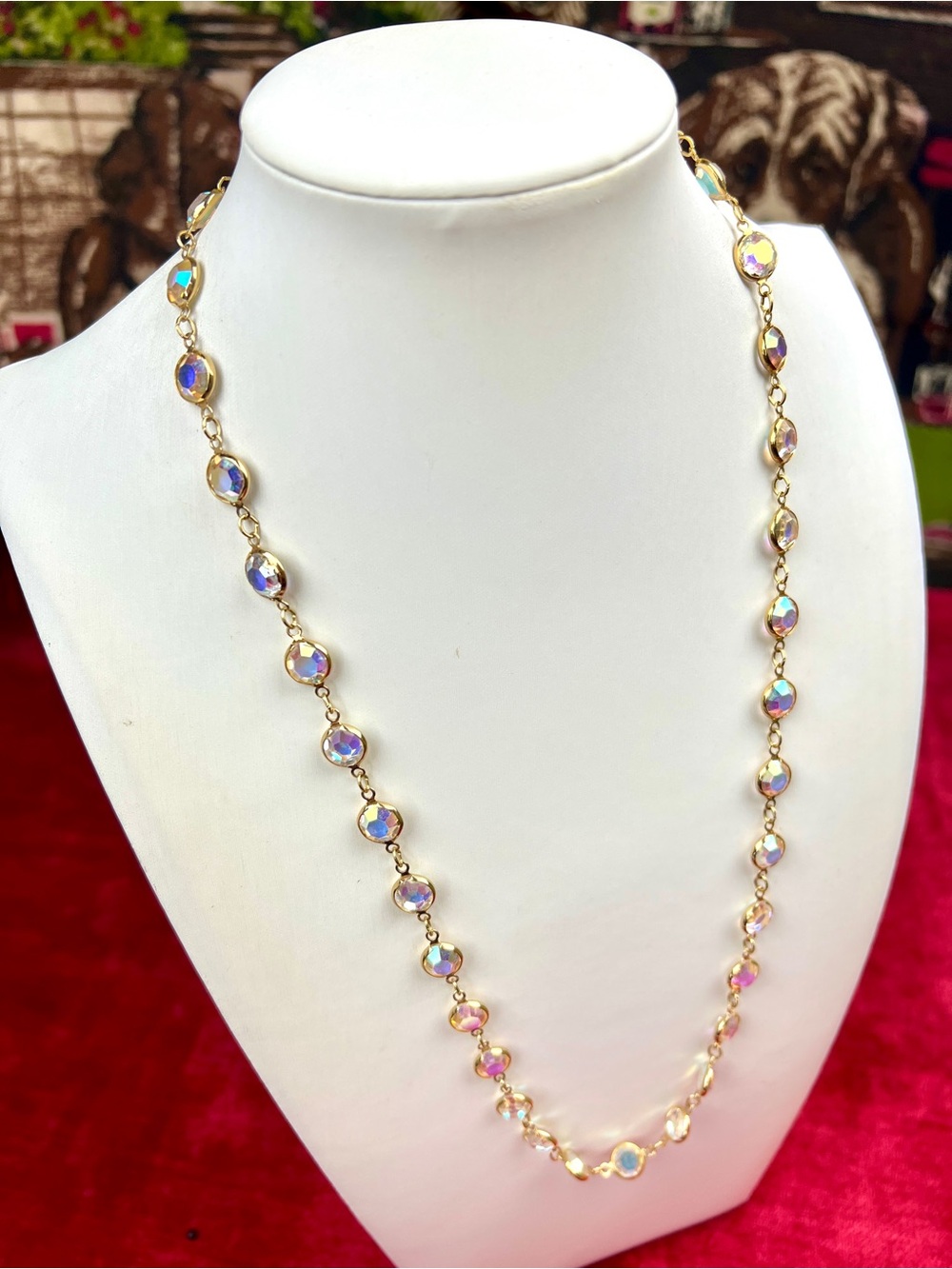 Vintage Swarovski AB Crystal Coin Necklace, Gold Tone Bezel Set, 24” SIGNED - Picture 3 of 5